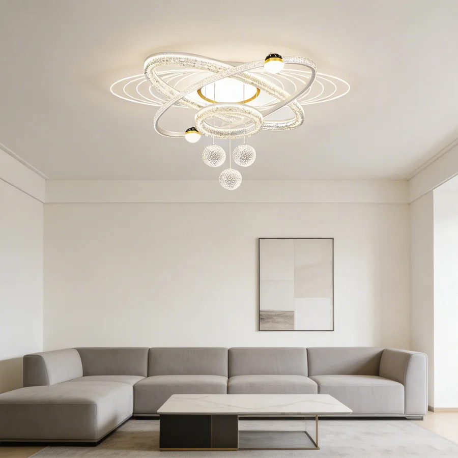 Modern ceiling light, three-color dimmable LED crystal chandelier, suitable for living rooms, bedrooms, and dining rooms