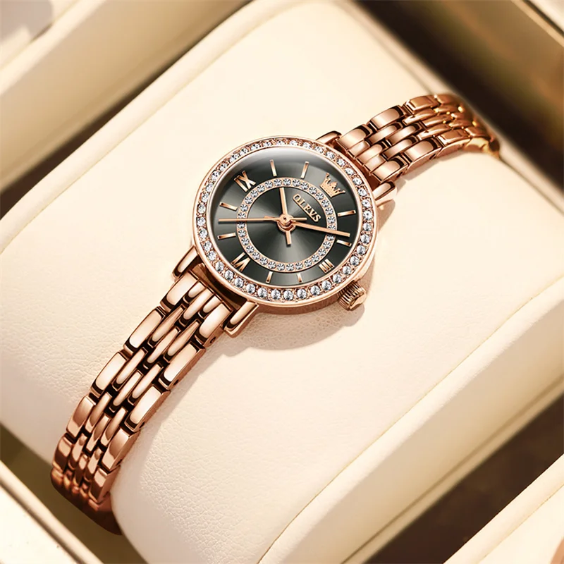 OLEVS Fashion Design Women Wristwatch Rose Gold Rhinestone Bezel Elegant Stainless Steel Bracelet Quartz Ladies Dress Watch Gift