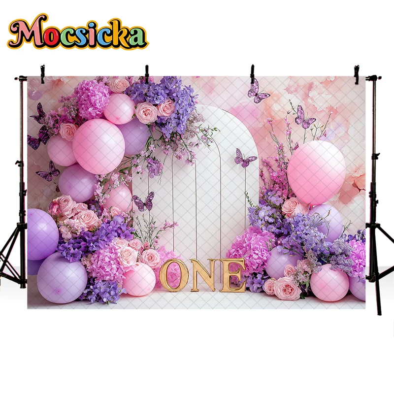 Mocsicka Photography Background Purple Balloons Butterfly Wonderland Girl Birthday Party Cake Smash Decor Photo Backdrop Studio