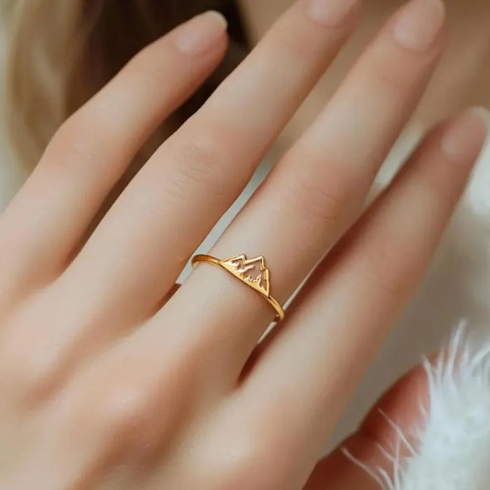 14K gold-plated mountain shaped ring: exquisite silver layered ring adjustable size