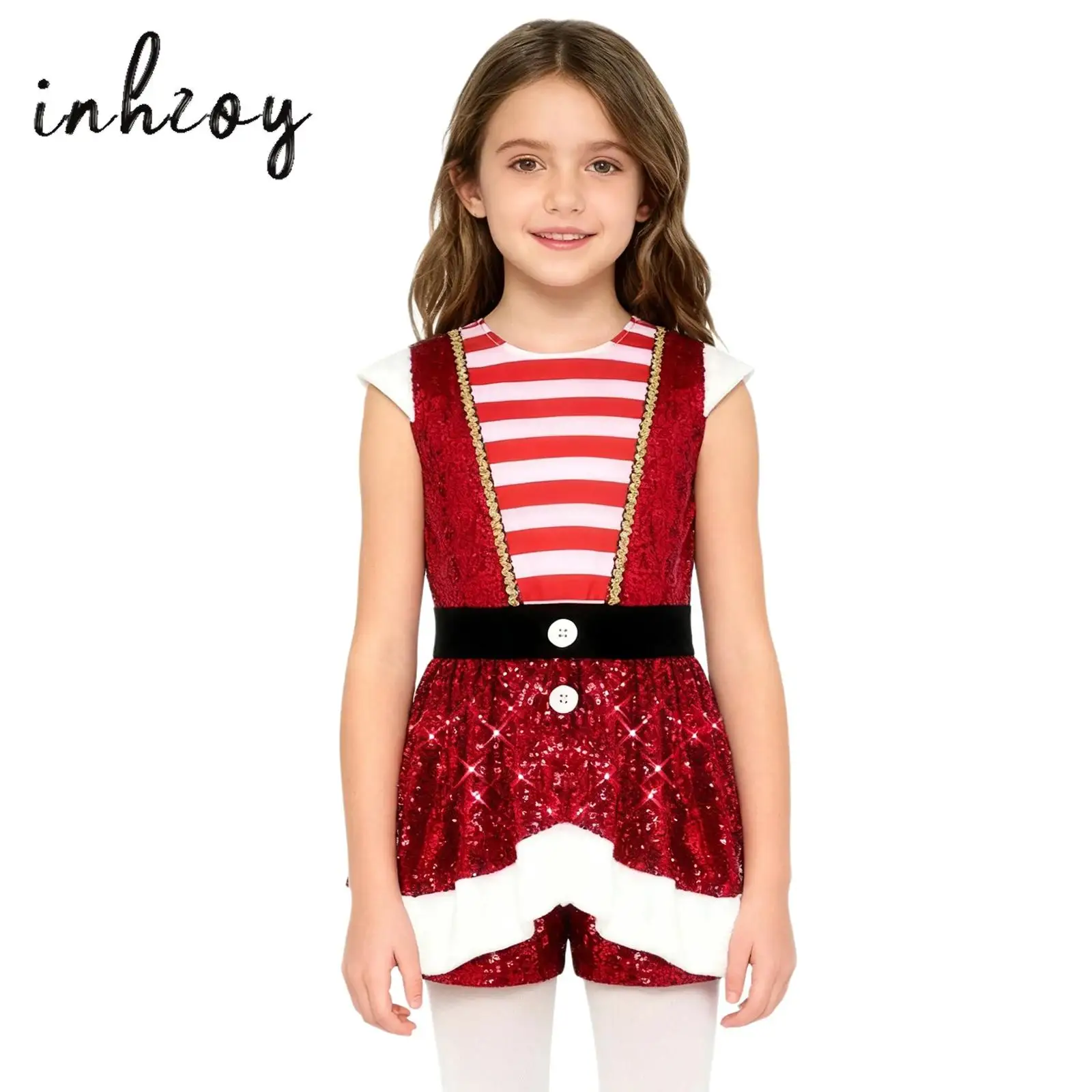 

Girls Christmas Dress Candy Cane Stripe Jumpsuit Sparkly Sequins Golden Webbing Cap Sleeve Waist Ruffled Overlay Shorts Jumpsuit