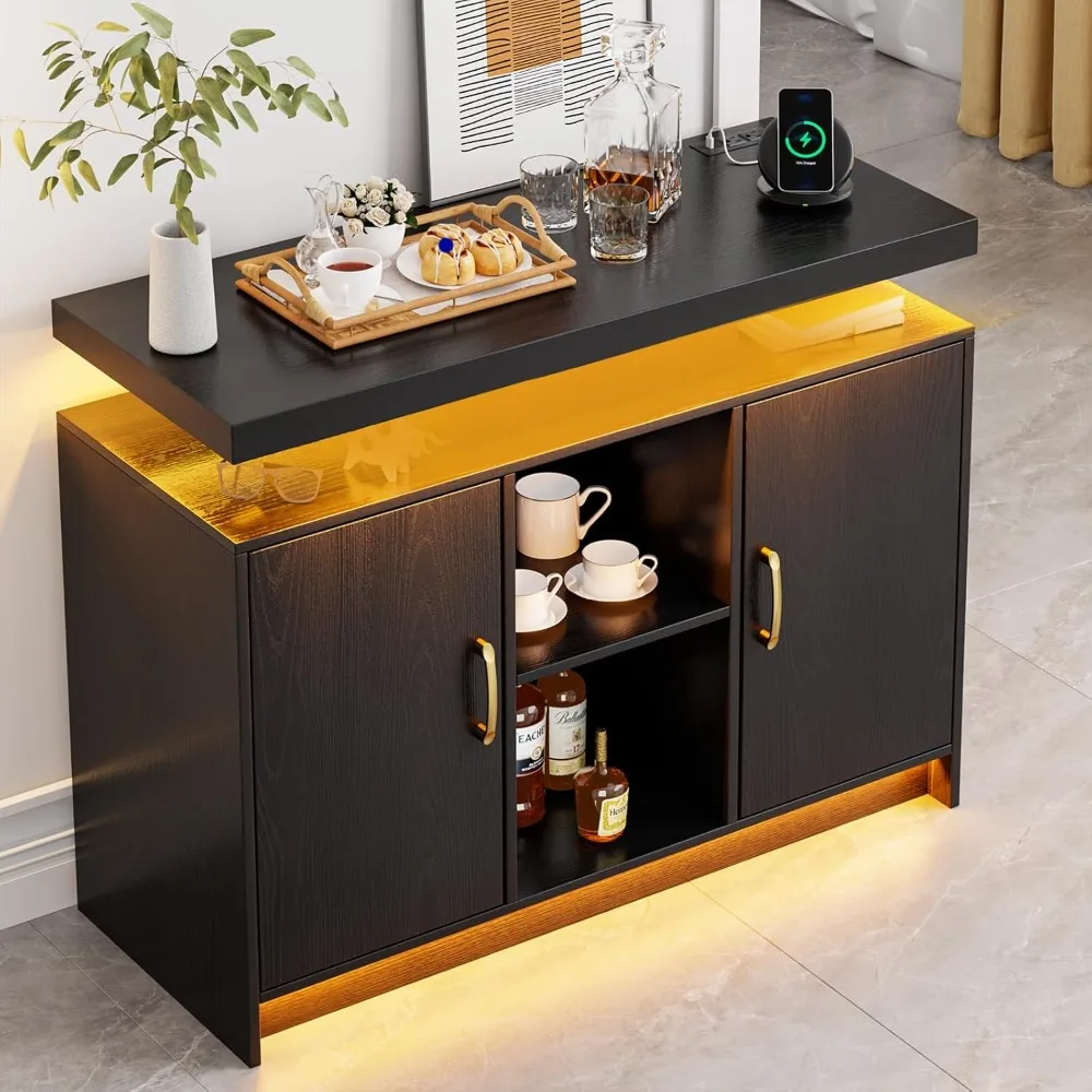 

LED Lights Coffee Bar Cabinet with Storage, Sideboard Buffet Cabinet with Charging Station, Black