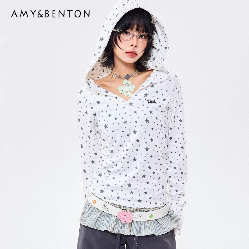 

American Retro White Star Print Women's Long-sleeved T-shirt Tees 2025 Spring Autumn New Thin Versatile Hooded V-neck Top Ladies