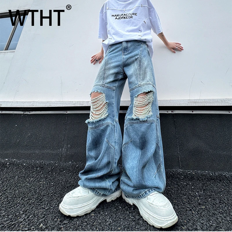 

WTHT Vintage Men's Gradient Hole Burr Edge Denim Pants Fashion High Street Straight Wide Leg Jeans Male 2025 Autumn 2A1452