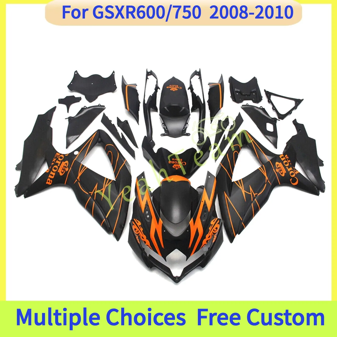 

Matte Black Plastic Body kit for GSXR 600 GSXR 750 2008 2009 2010 Fairing kit K8 GSXR600 GSXR750 Lines in orange decal