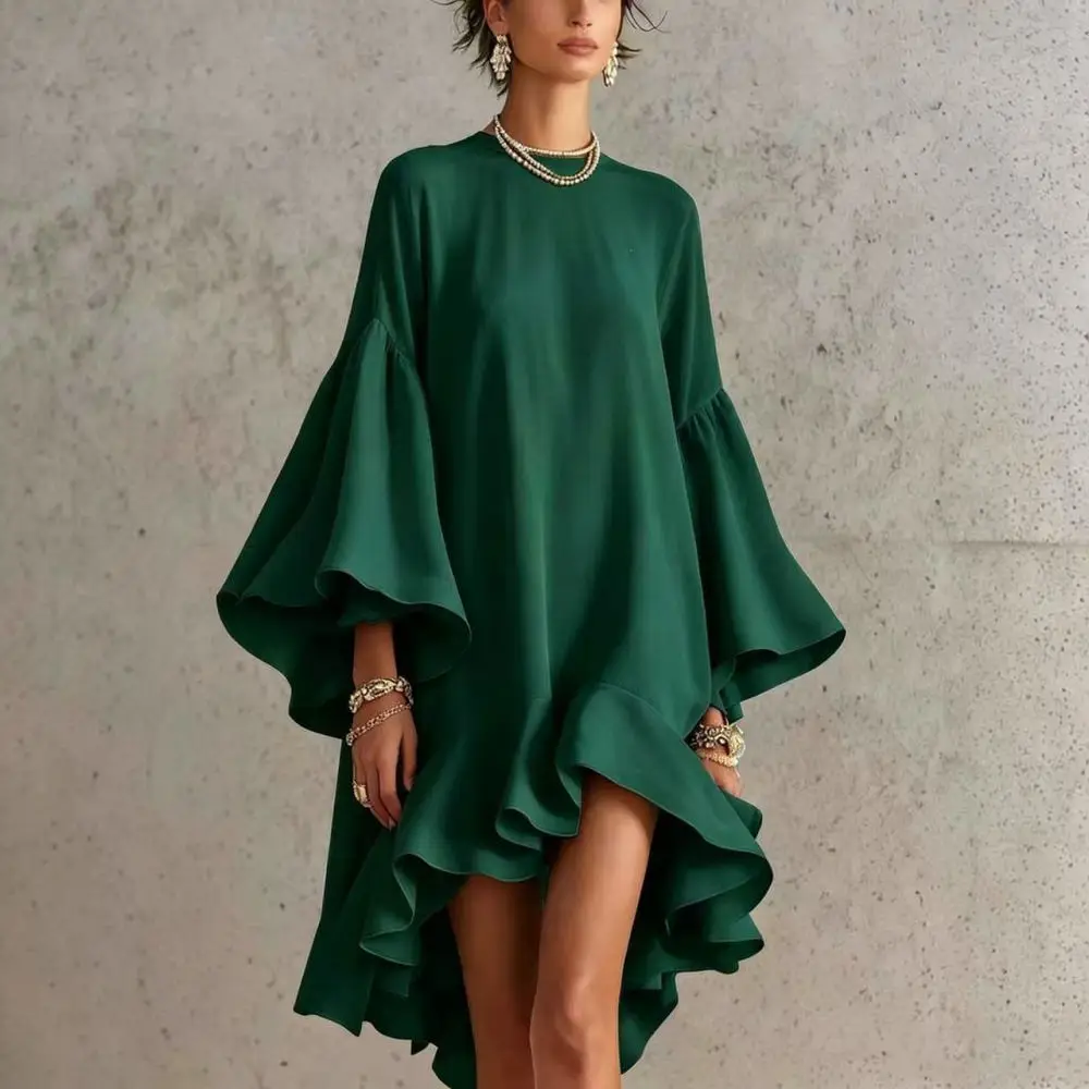 Womens Summer Elegant Chiffon Dress Solid Color O Neck Bell Sleeve Ruffle Loose Fit Asymmetric Hem Casual Party Evening