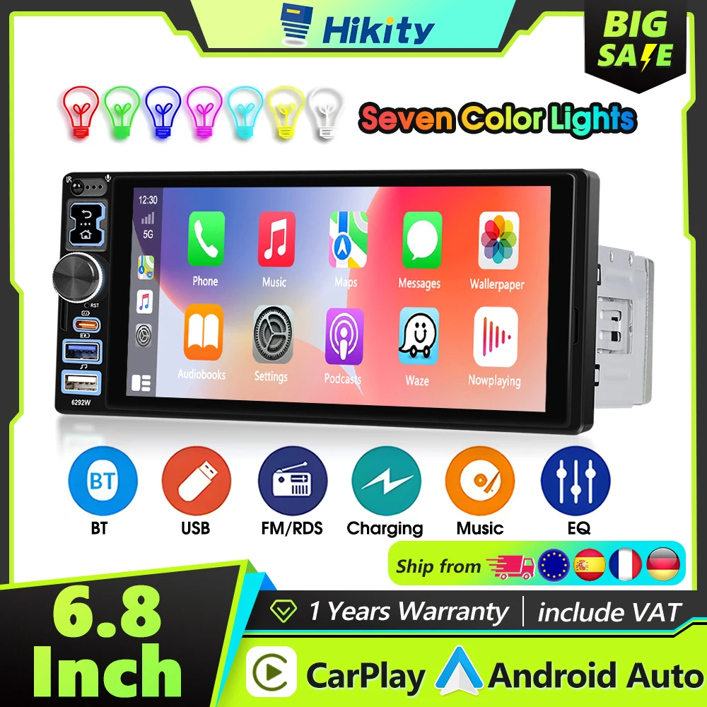 Hikity 1DIN 6.8 "مشغل MP5 للسيارة العالمي يدعم Carplay Auto Type-c كاميرا الرؤية الخلفية راديو السيارة الوسائط المتعددة SWC التحكم عن بعد