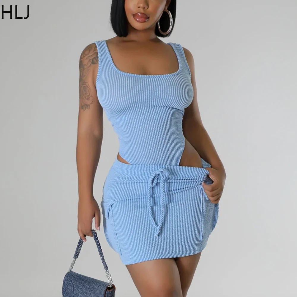 HLJ Ribber Sexy Bodysuits And Mini Drawstring Skirts Two Piece Sets For Women Sleeveless Elasticity Slim Outfits Female Clothing