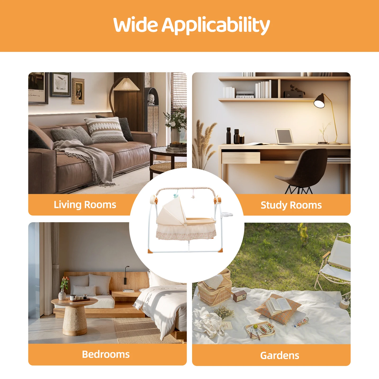 Khaki Electric Baby Cradle 0 - 18 Months 5 Swing Gears 4 Timing Options 5m Remote Control Detachable Foldable 25kg Load Capacity