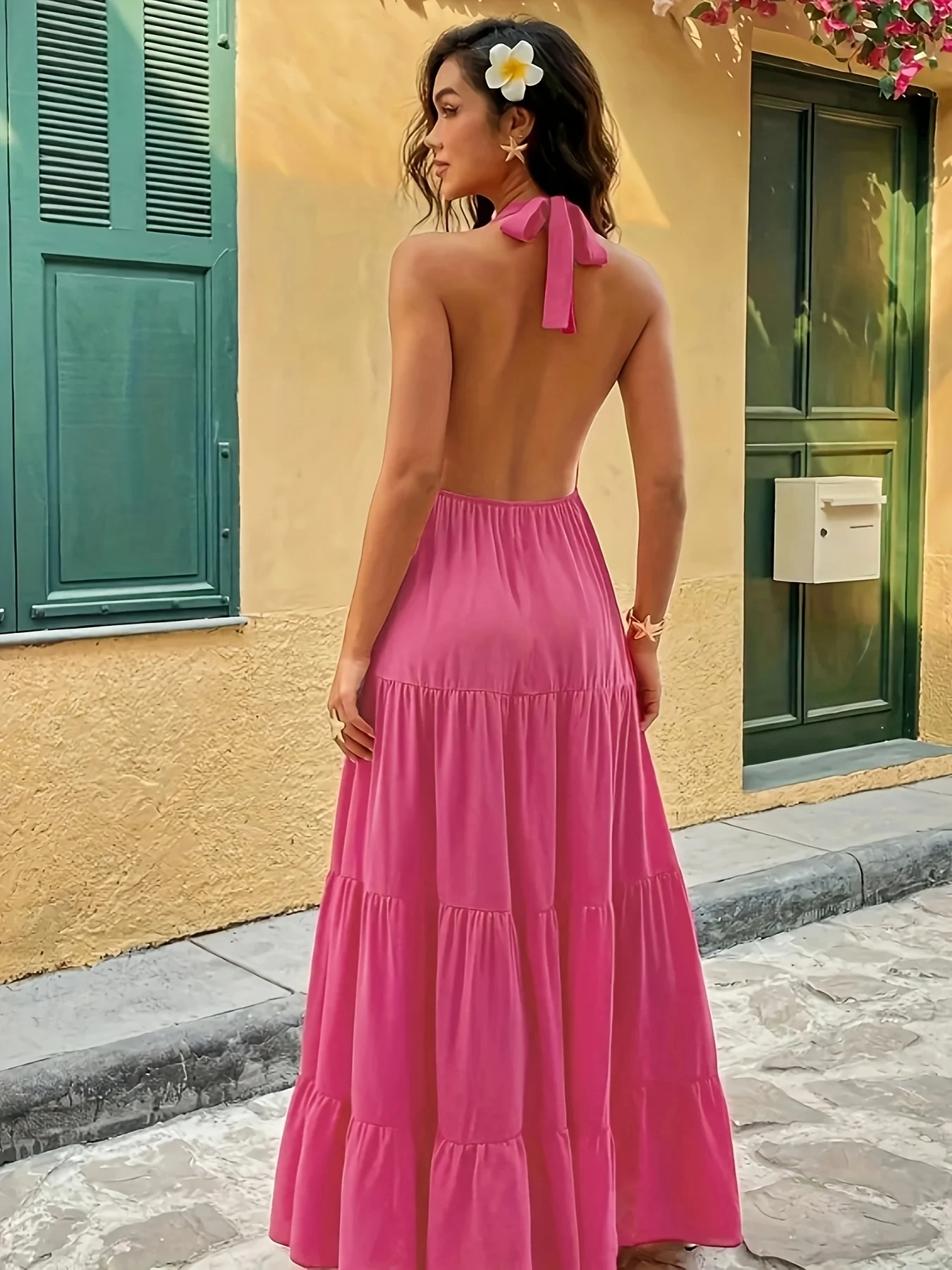 Plus Size Women's Hot Pink Halter Neck Deep V Backless Tiered Maxi Dress - Vacation Party Style (0XL-4XL)
