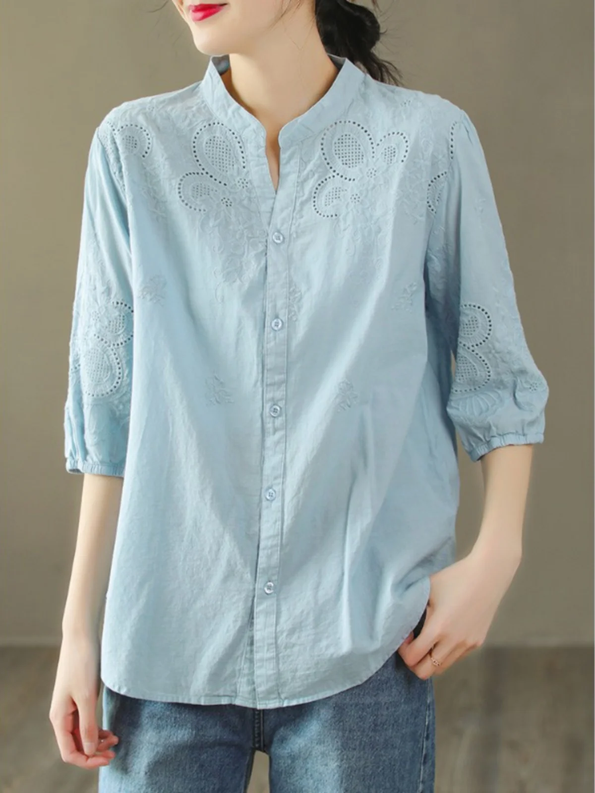 

Ele Cotton Linen ort Sve Embroidered Hollow out Stand Collar Women's irt Loose Fit Comfortable Summer Top