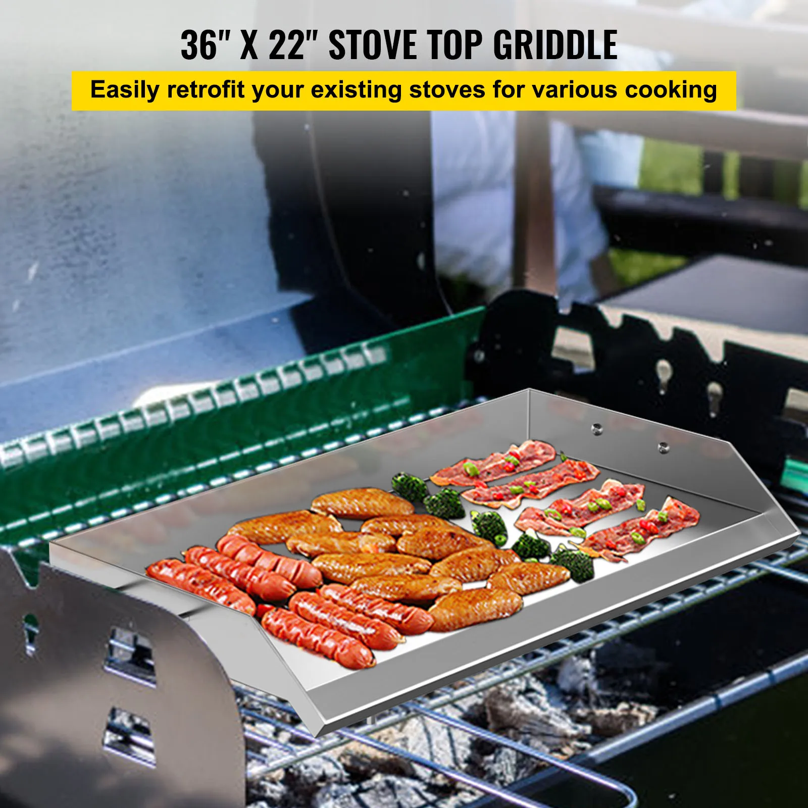 VEVOR Stainless Steel Griddle,36x22In Universal Flat Top Rectangular Plate,BBQ Charcoal/Gas Non-Stick Grill w/ 2 Handles Camping