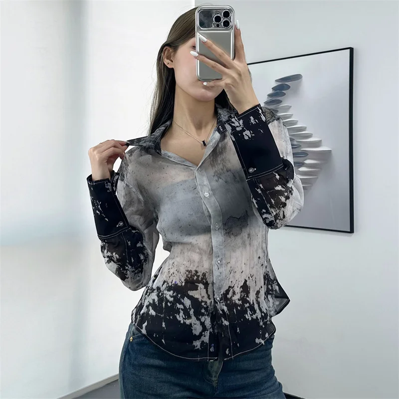 

Women's shirt 2026 summer new single breasted slim fit women's long sleeved top Half perspective Ink printed Women's blouse y2k
