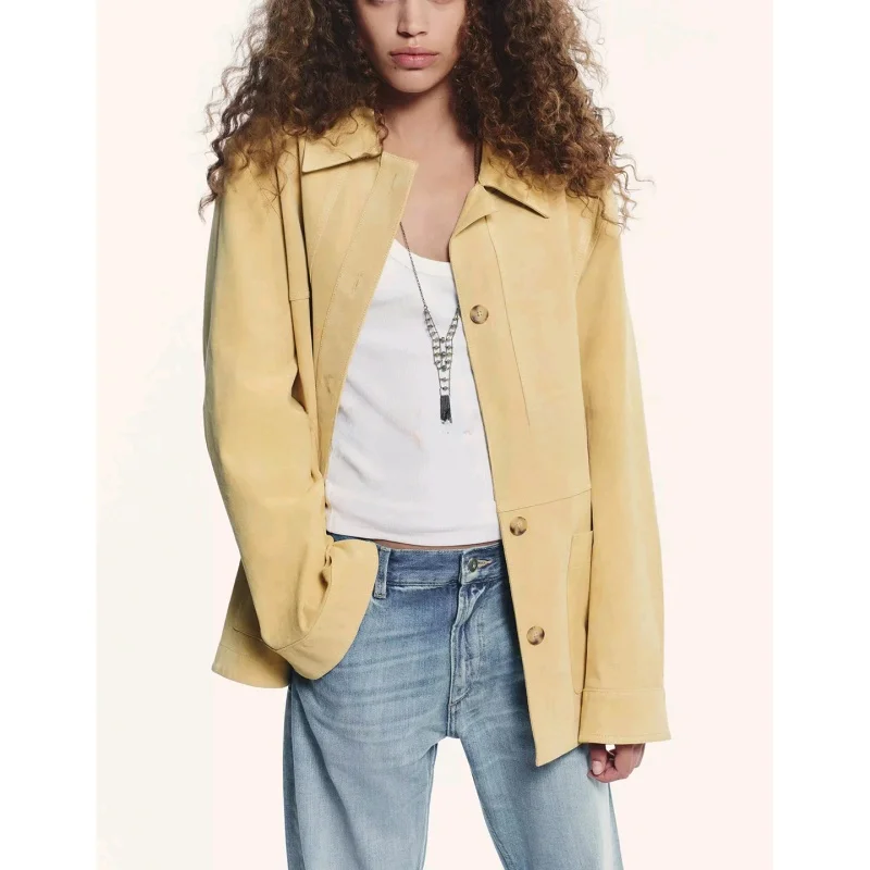 Autumn New Women's Casual Long Sve Pure Color PU Faux Nubu Leather Jaet Flip Collar Outerwear Commute Sle Loose Fit