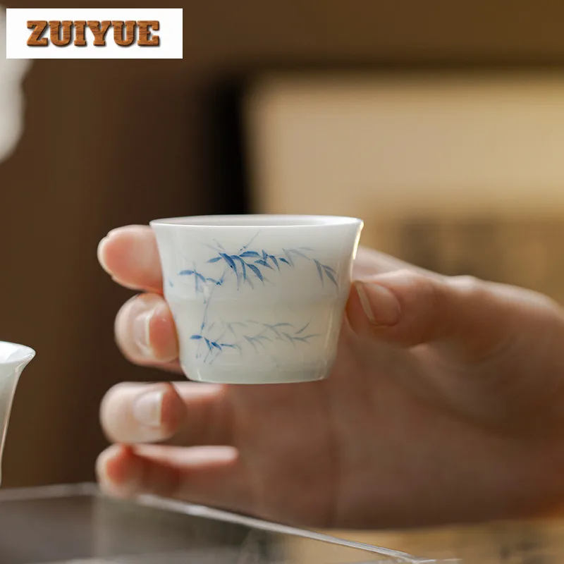 2pc/lot Hand-painted Bamboo Knot Thin Body Tea Cup Handmade Underglaze Color Master Cup Small Meditation Cup Gongfu Teaset 35ml