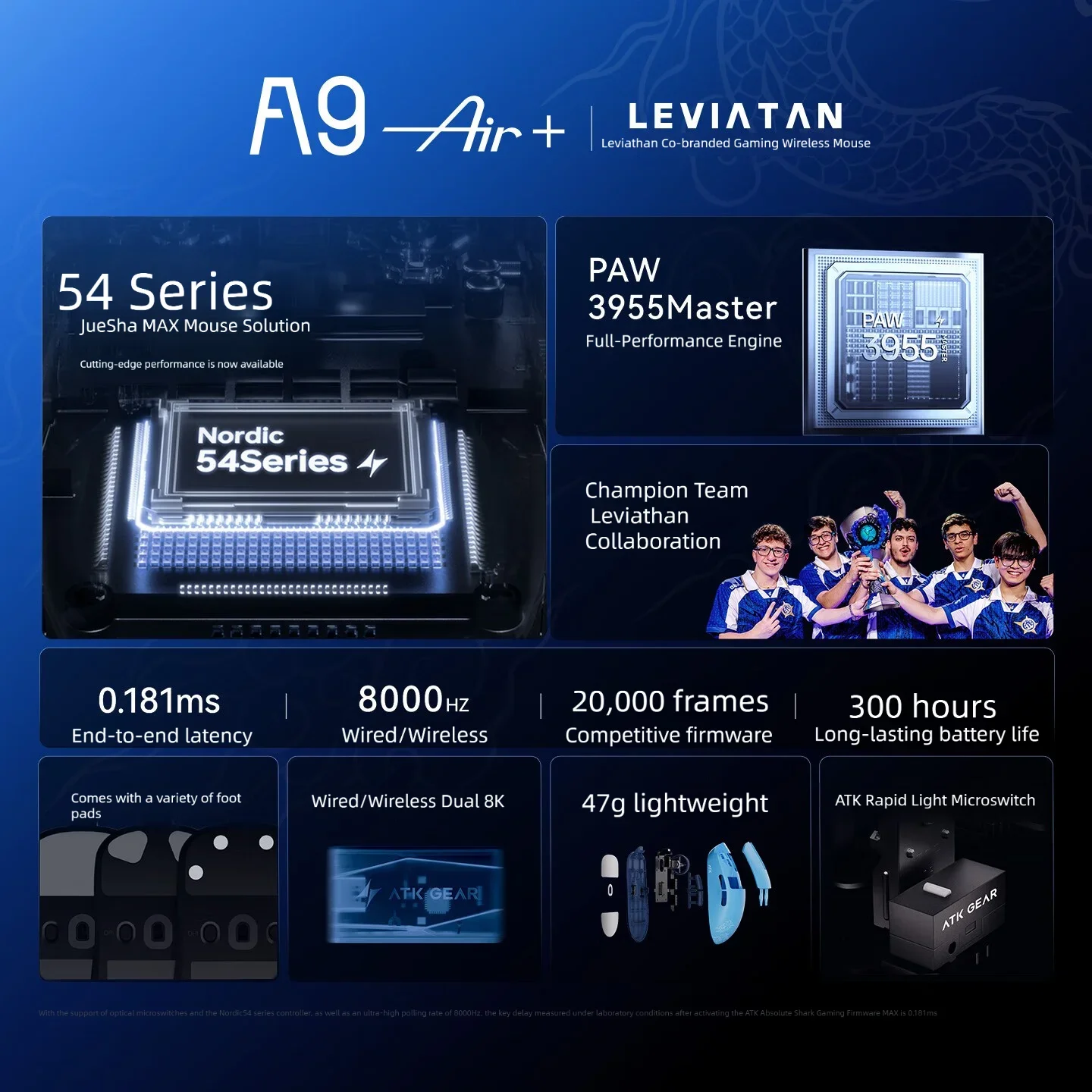ATK A9 Air Plus Leviathan Wireless Gaming Mouse Lightweight 54Series Chip PAW3955MASTER A9 Mini Master FPS MOBA Esports Office