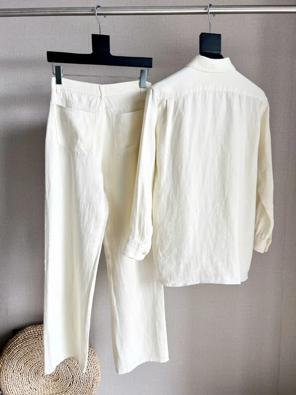 100% Linen Loose Simple Denim Jacket Straight Casual White Jeans Suit