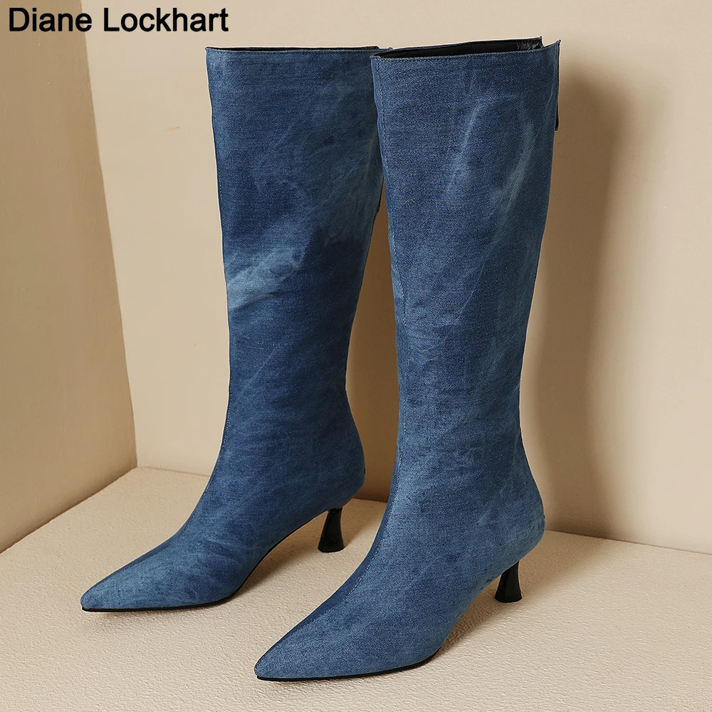 Blue Denim Knee High Cowboy Boots for Women 2025 Autumn Pleated High Heels Long Boots Woman Stiletto Heeled Jeans Botas Shoes