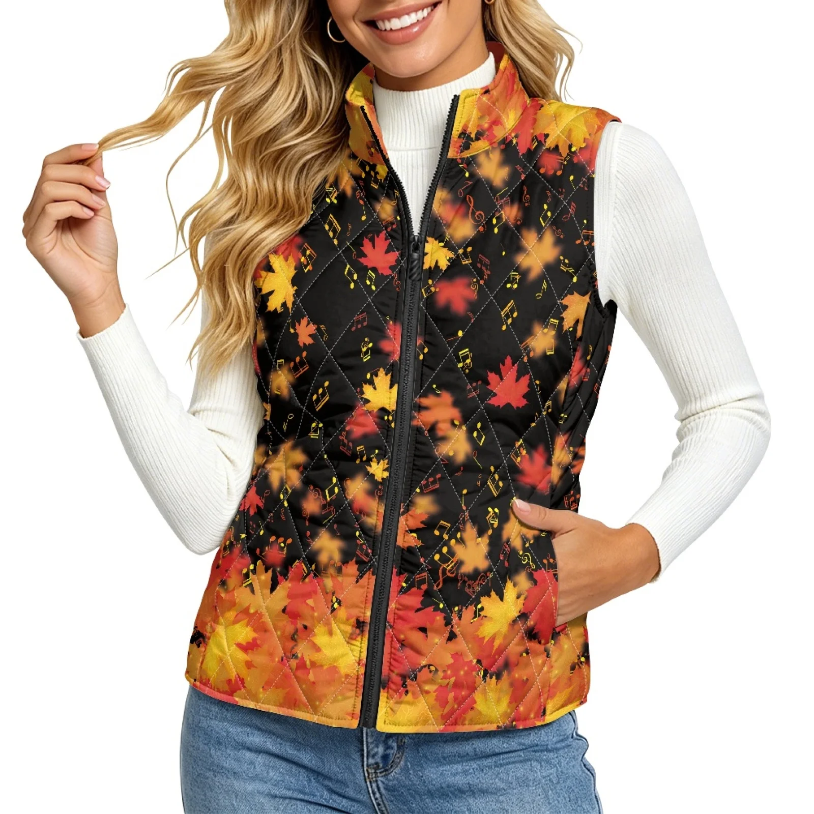 PENSTROLL Maple Leaf Stand Collar Quilted Bodywarmer Lightweight Quilted Jacket Vest Quilted Jacket Vest for Women for Outdoor