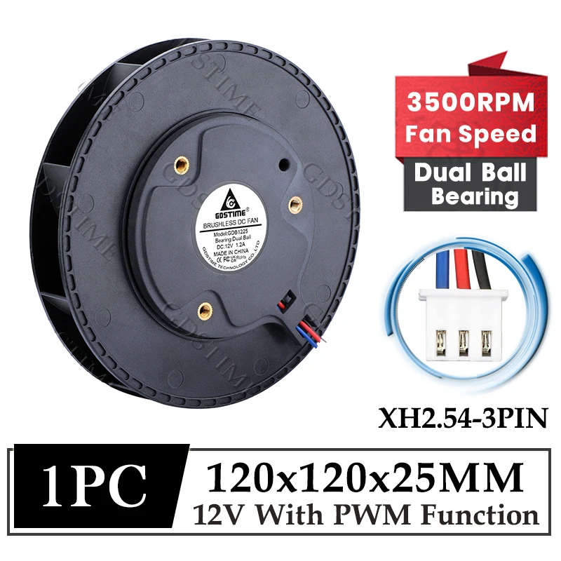 Gdstime 120MM wentylator 12V DC bezszczotkowe chłodzenie 120*25MM Turbo odśrodkowa dmuchawa promieniowa 12CM podwójna kula 3PIN PWM wentylator z regulacją prędkości