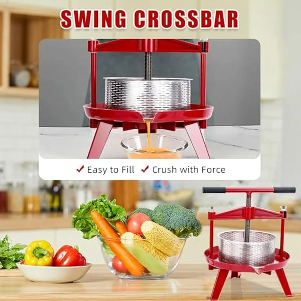 Fruit and Wine Press 2.38 Gallon Heavy Duty Manual Juicer with T Handle and Swing Cross Beam Stainless Steel Basket and