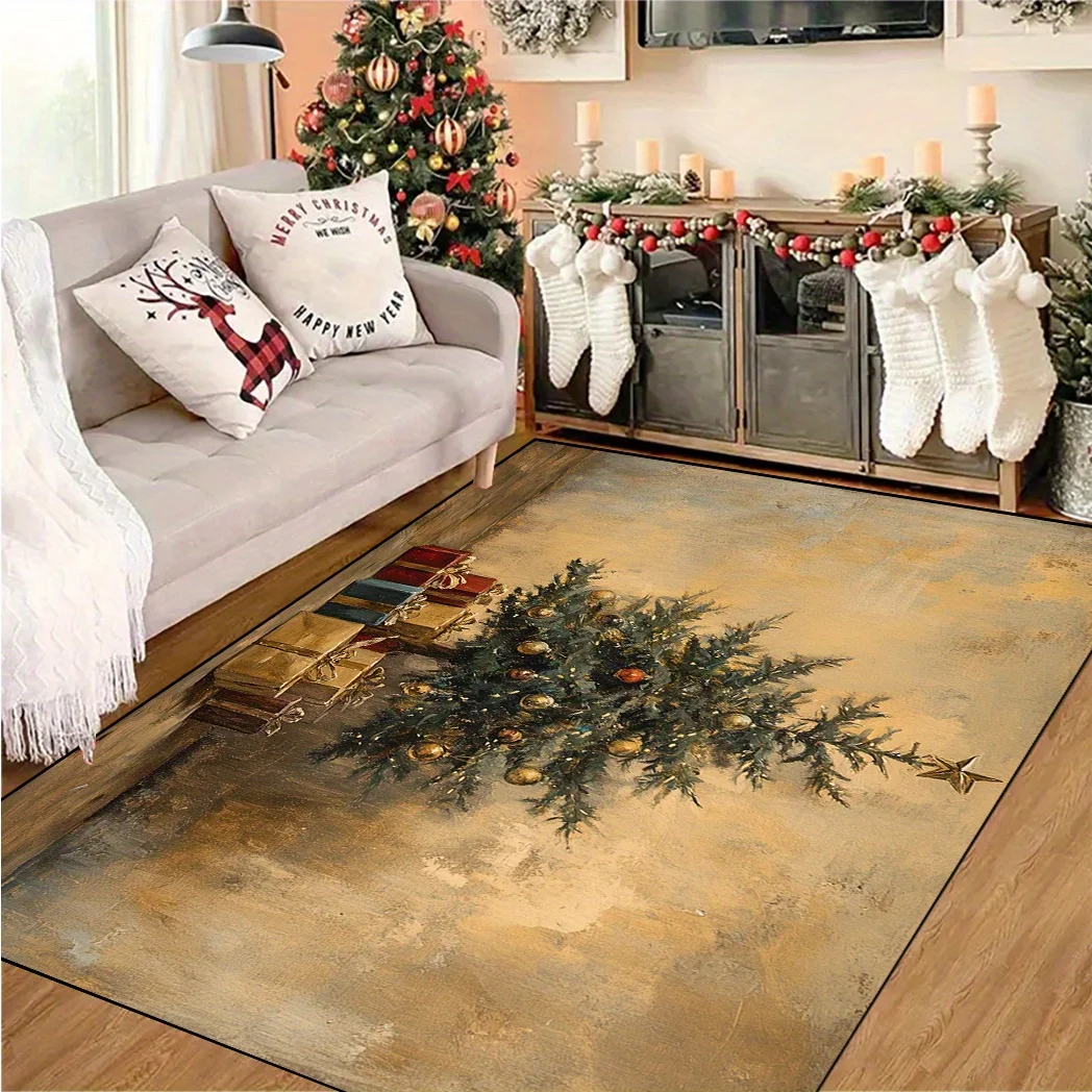 1pc Vintage Christmas Tree Pattern Area Rug, Versatile Home & Commercial Decor, Perfect for Bedroom Study Living Room Hotel