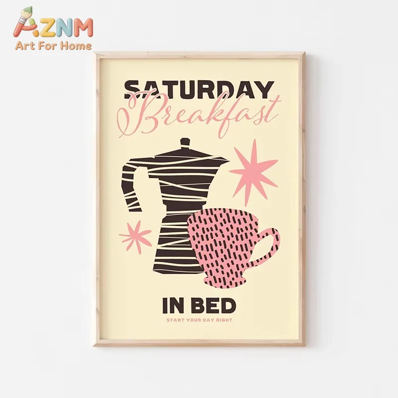 AZNM Funny Retro Kitchen Print Bread Donut Coffee Poster Wall Art Canvas Painting Diner Room Decor Picture No Frame