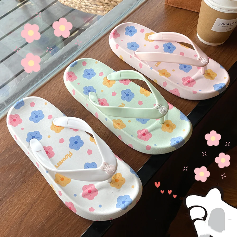 Cute Flower Herringbone Slippers Soft Sole Anti-slip PVC House Slippers Thick Casual Couple Indoor Slippers Women