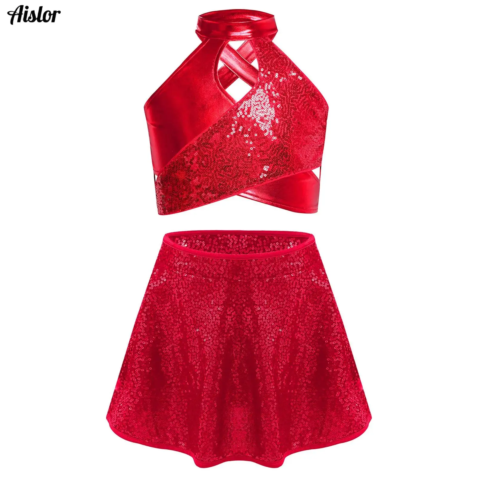 

Детский костюм для джазовых латинских танцев для девочек, укороченный топ с блестками и металлической перекрестной замочной скважиной + юбка с блестками для сценических танцев, уличная одежда