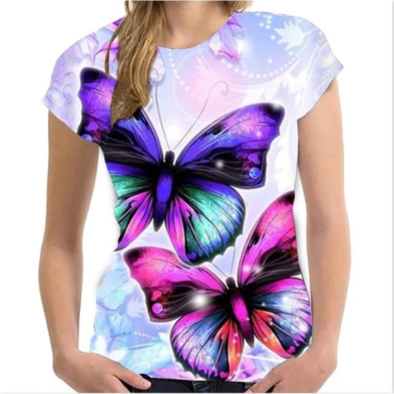 Camiseta informal de gran tamaño con cuello redondo para mujer, camisetas Y2K para niña, ropa de verano, ropa informal con estampado 3D de mariposa