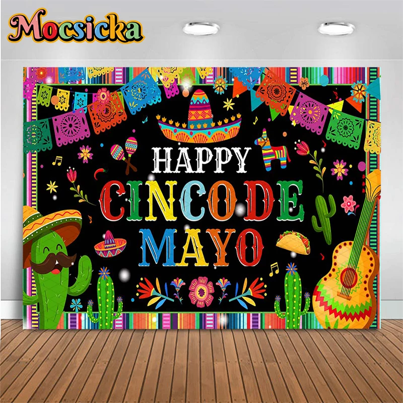 Mocsicka Happy Cinco De Mayo Backdrops Mexican Fiesta Cactus Sombrero Photography Backgrounds Colorful Party Photo Booth Banner