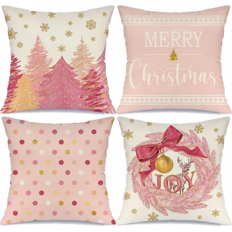 

Pink gold snowflake Christmas tree pillow set 4-piece winter vacation cushion set sofa polka dot decoration