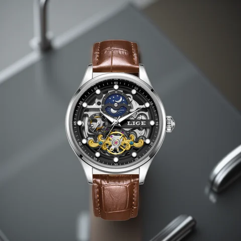 LIGE New Skeleton Mechanical Automatic Watch Men Tourbillon Sport Clock Watches Casual Business Moon Wrist Watch Relojes Hombre