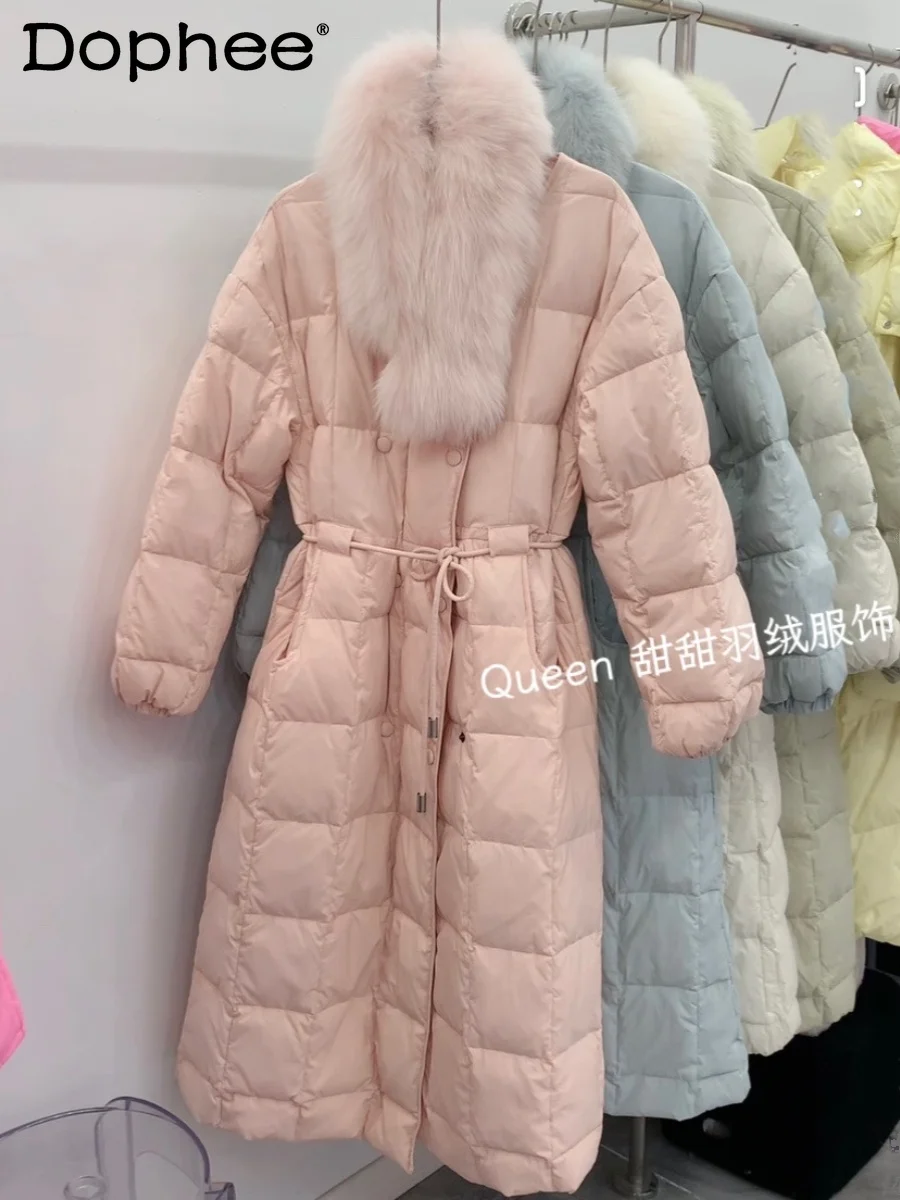 

Scarf Long Below The Knee Down Jacket 2023 Winter New Lace-up Waist Stand Collar High Slimming White Duck Down Coat Ladies