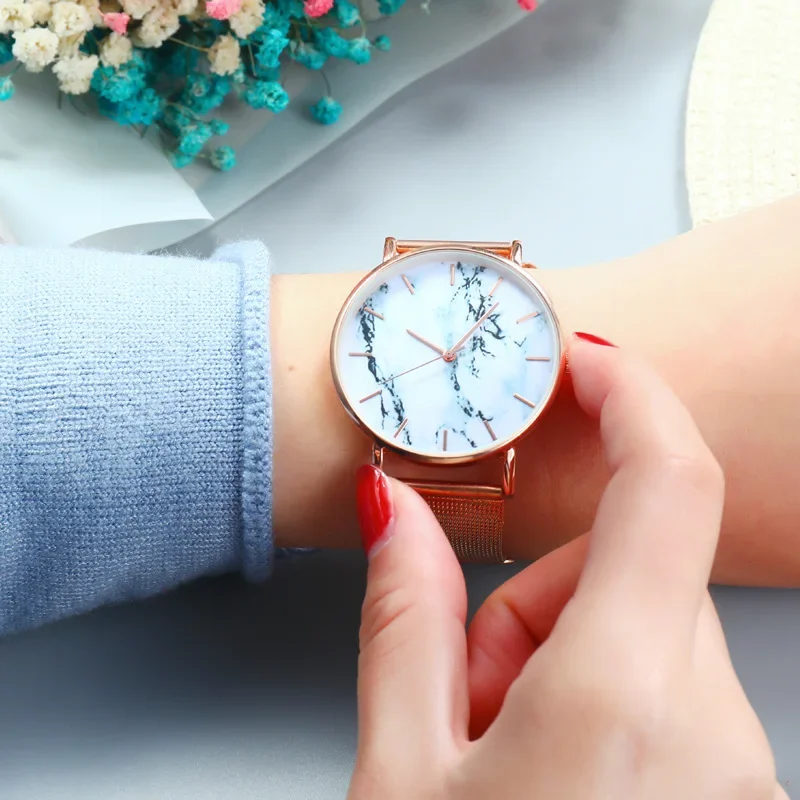 Jam tangan marmer Pria Wanita, arloji jala gelang magnetik Quartz hadiah Relogio Feminino DropShipping