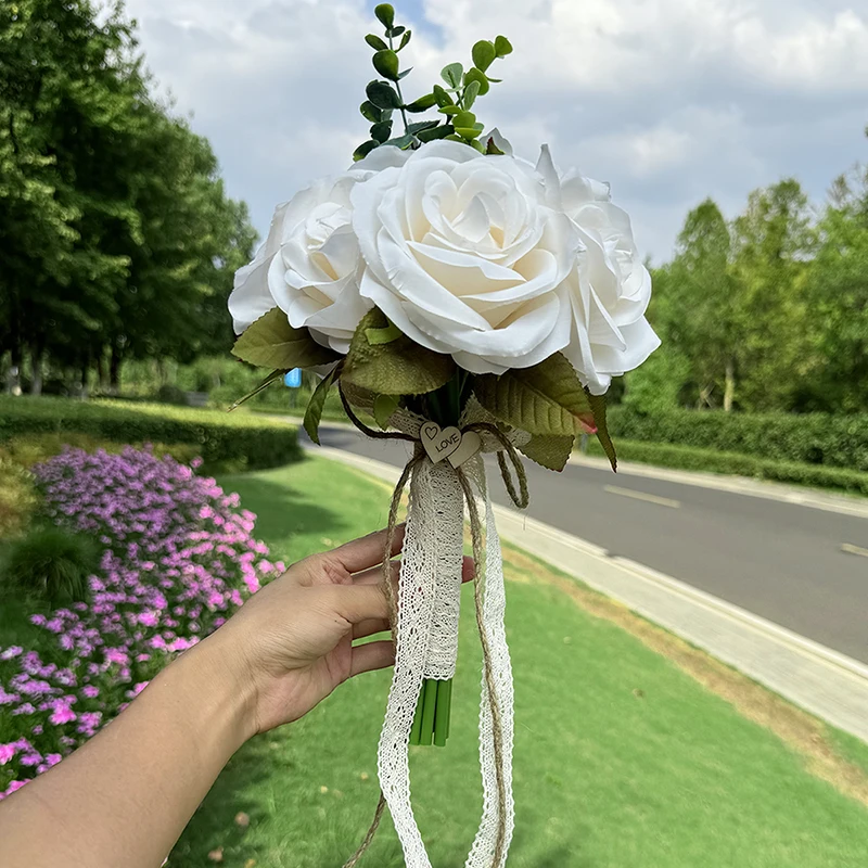 1PC Bride Bridesmaid Wedding LOVE Wooden Sign Bouquet White Artificial Rose Simulation Decorative Bow Tassel Bouquet