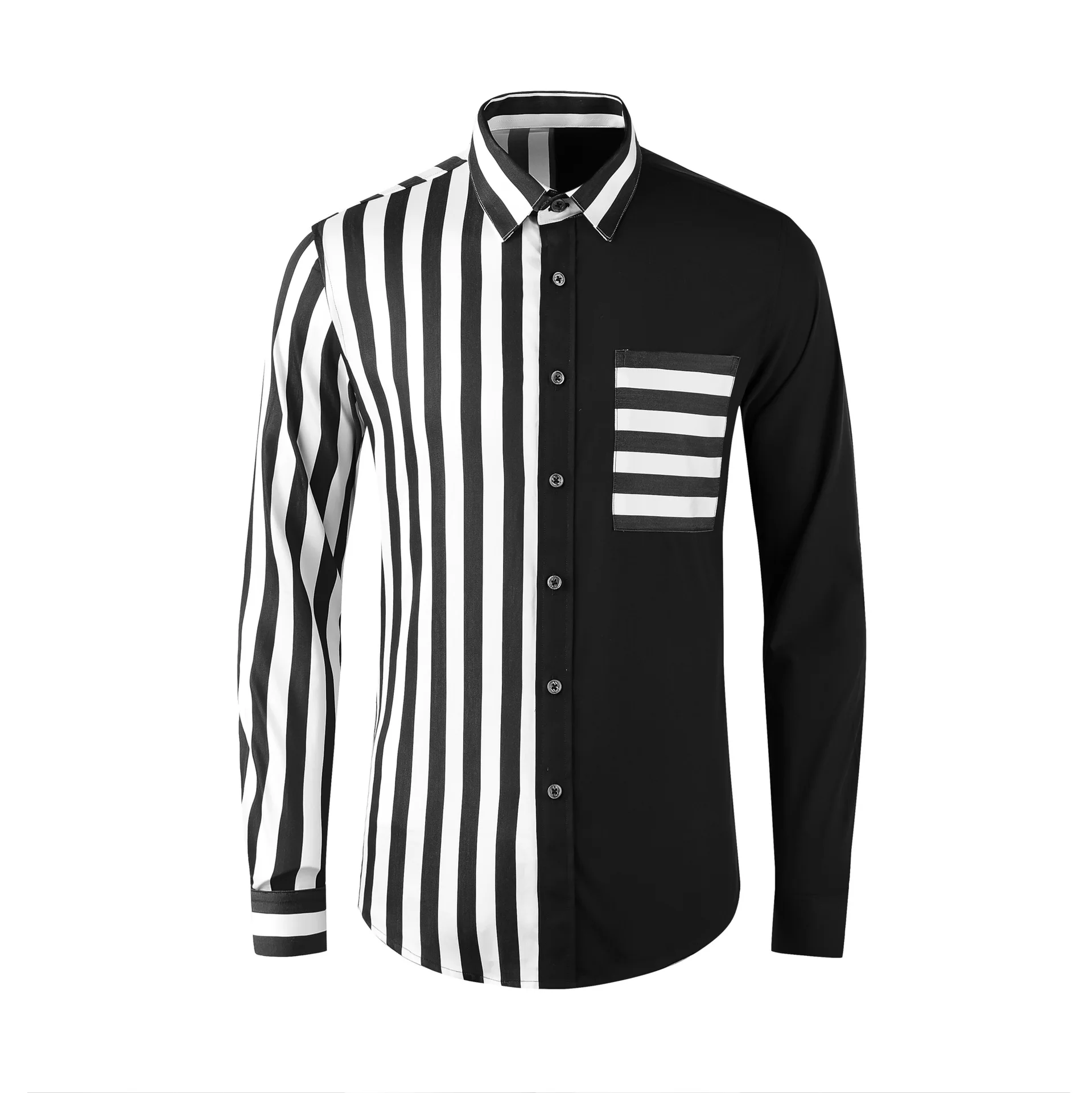 Big wide strip half spliced long sleeved men's shirt, personalized avant-garde Tencel cotton slim fit and handsome outfit