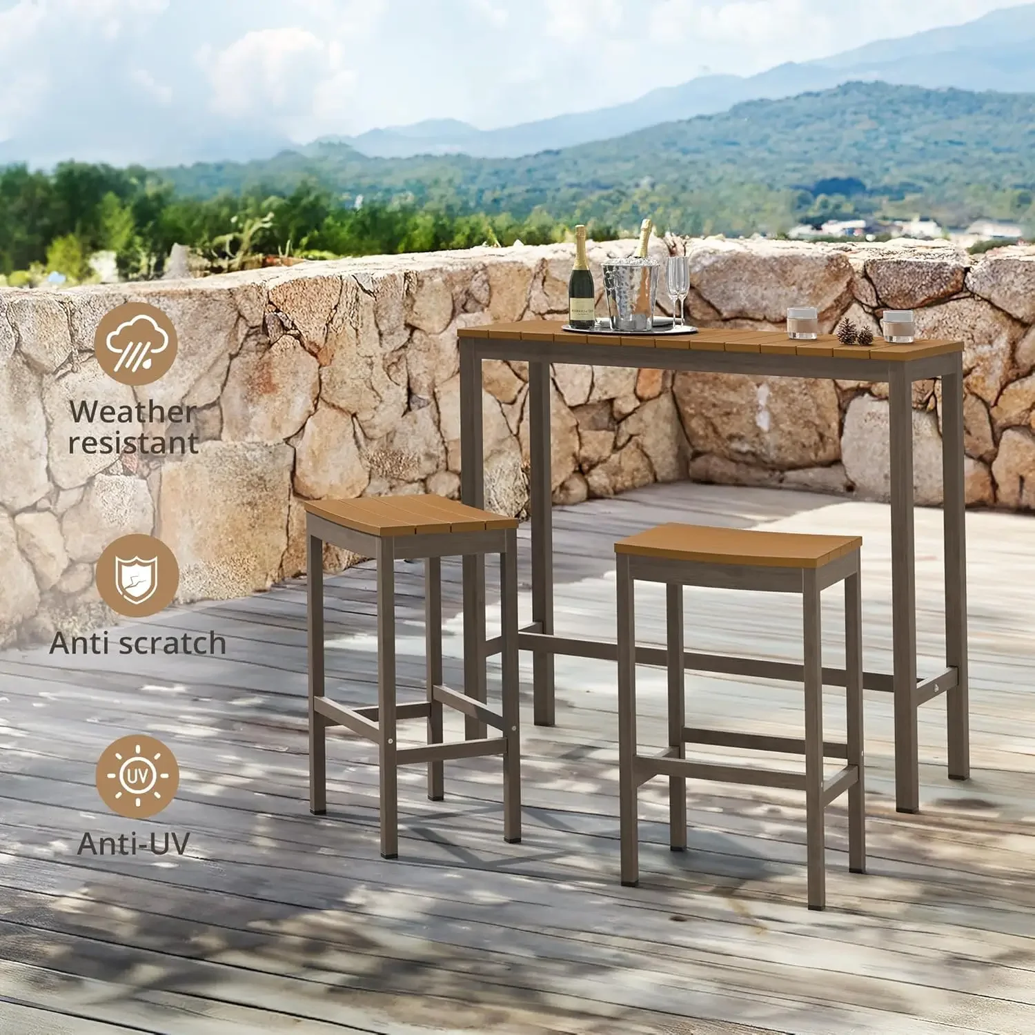 

Outdoor Bar Height Table and Chairs Set, 3 Piece Patio Pub Bar Set with 45" Slatted High Top Table and 2 Bar Stools