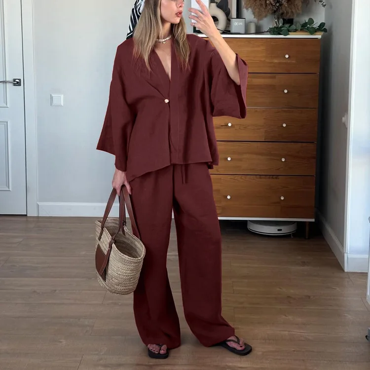 2026 Summer Lady Casual Streetwear Brown Cotton Linen Suit For Women Chic Full Sleeves V-neck Lace-up Cardigan Loose Pants Set