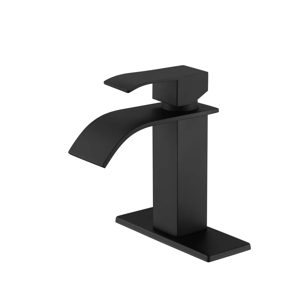 

Bathroom Waterfall Spray Faucet Single Handle Kitchen Household Bathroom Washbasin Sink Flat Mouth Black Paint Square Faucet