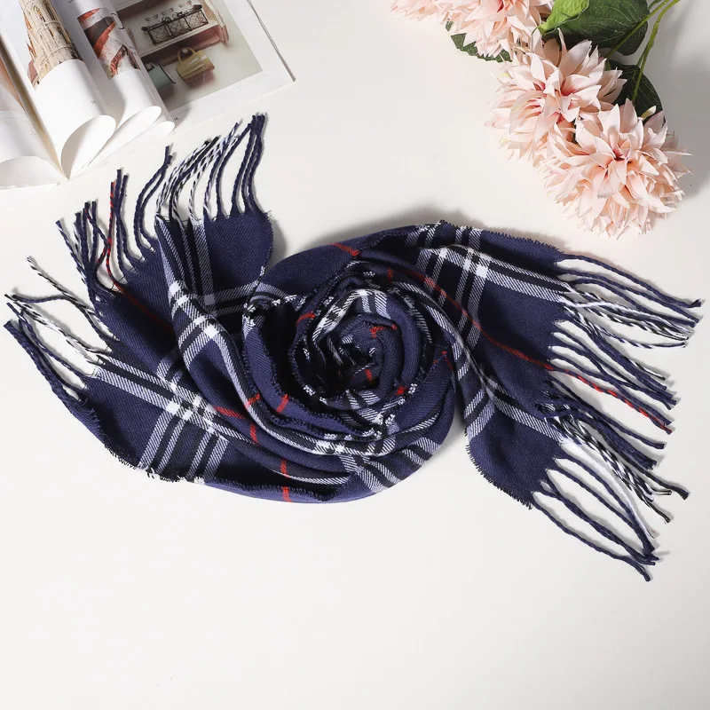 1/2 Piece of Navy Blue Scarf, Fashionable British Plaid Imitation Cashmere Scarf, Autumn and Winter Style, Warm Shawl for Men and Couples