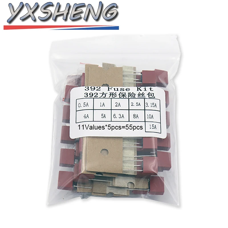 55PCS/Set 392 0.5A 1A 2A 2.5A 3.15A 4A 5A 6.3A 8A 10A 15A 250V Square Plastic Fuse Assortment Kit Fuses Slow Blow Tube Fuse Pack