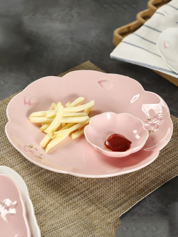 Japanese-style relief cherry blossom plate, milk white household vegetable plate, afternoon tea  retro pink