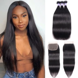 Unice Hair 3+1 Silky Straight Bundles with Closure Short Brazilian Human Hair Weave Bundles with Closure Nature Black  Hair