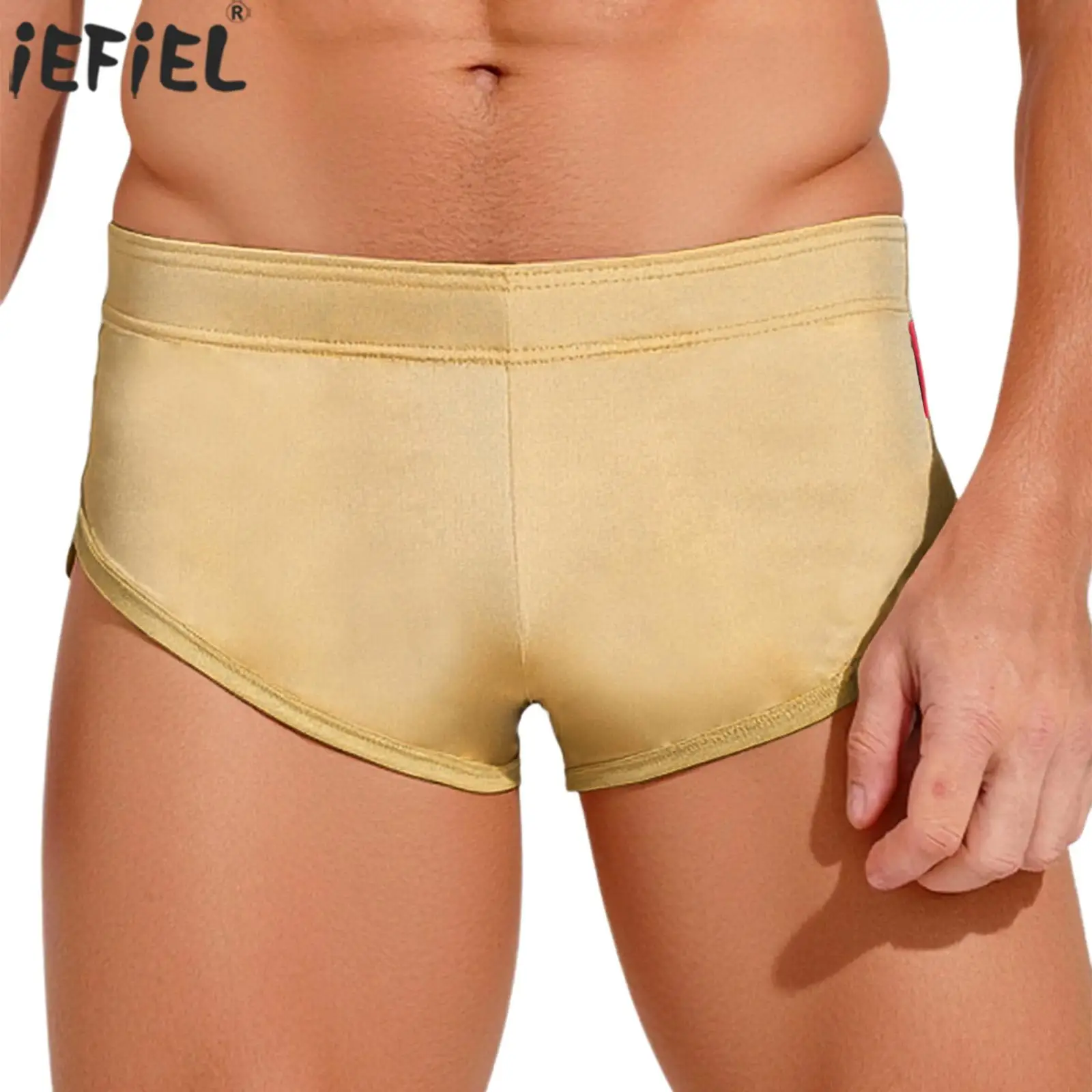 

Men Glossy Sports Mini Briefs Shorts Elastic Waistband Solid Color Smooth Satin Shorts Quick-Drying Trunks Swimwear Homewear