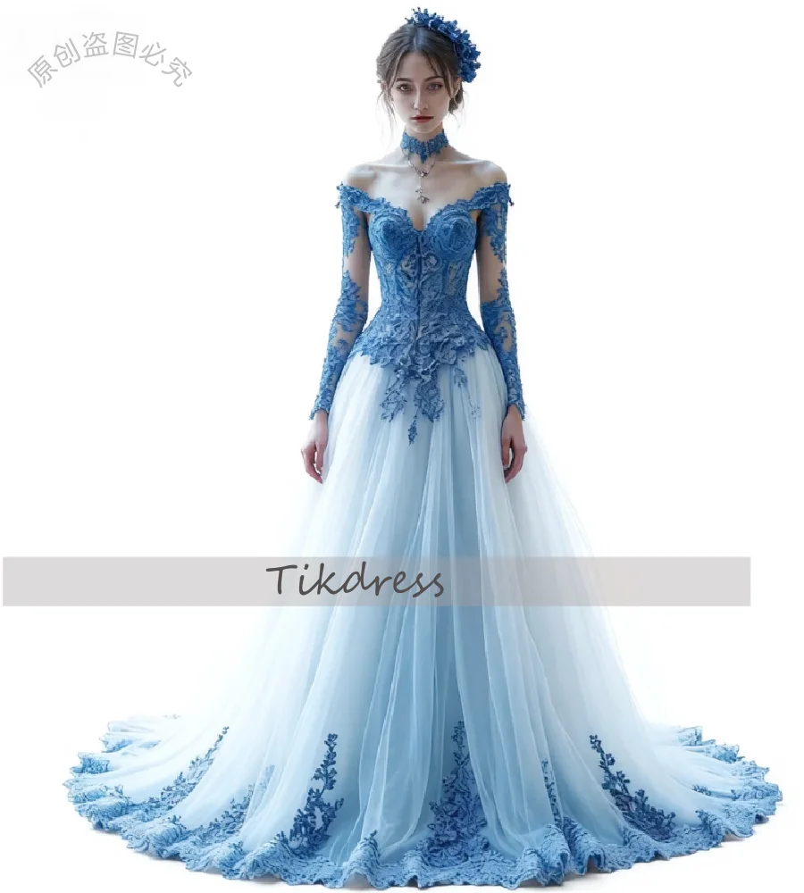 Unique Blue Gothic Bohemian Wedding Dress 2026 Long Sleeve Lace Country Rustic Bride Dress Vintage Beach Halloween Bridal Gown