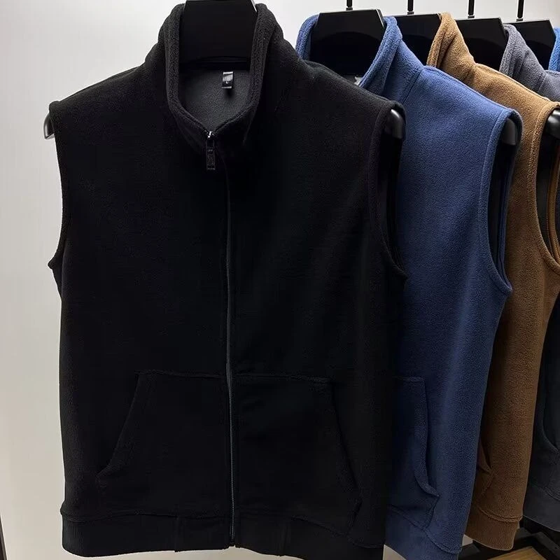 

Свободный крой, большой флисовый жилет на осень-зиму, однотонный жилет-пуховик на молнии с воротником-стойкой, унисекс, теплый пушистый пуловер, жилет