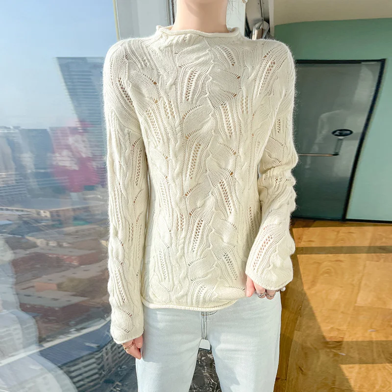 Five Needle Hollow Half High Neck Pullover Sweater For Women's Long Sleeved Knitted Tops 100% Merino Wool Pullover Autumn Winter