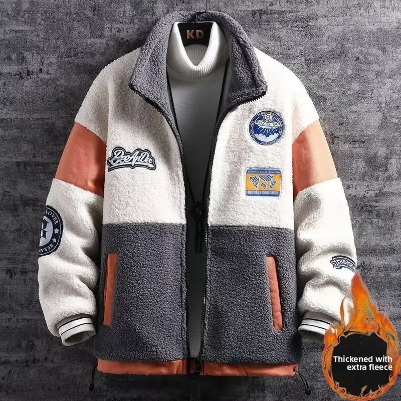 Lamb Velvet Jacket Men's Thickened Stand Collar Autumn Winter New Style Korean Version Fashion Brand Cotton Sweatshirt Youth 