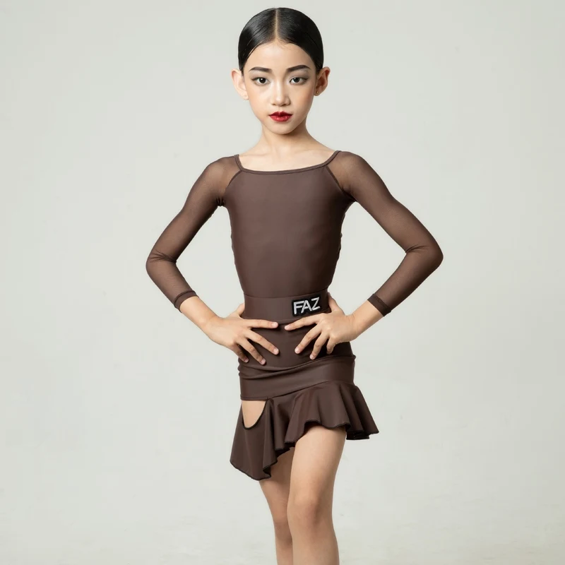 Kind Latin Dance Kleidung Mädchen Leistung Kleid Braun Langarm Tanz Anzug Cha Cha Rumba Bühne Tragen Praxis Kleidung AMY1635